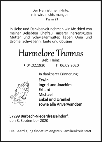 Traueranzeige von Hannelore Thomas von Siegener Zeitung