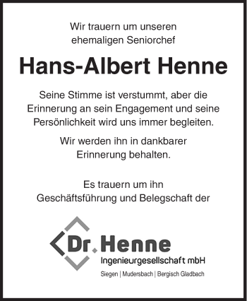 Traueranzeige von Hans-Albert Henne von Siegener Zeitung