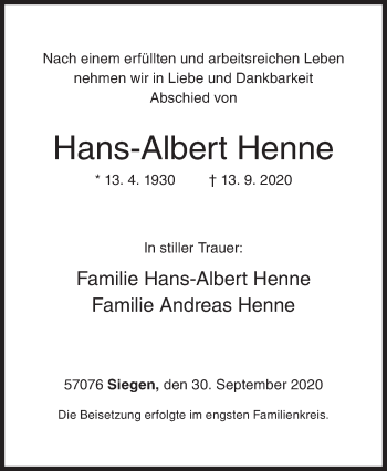 Traueranzeige von Hans-Albert Henne von Siegener Zeitung