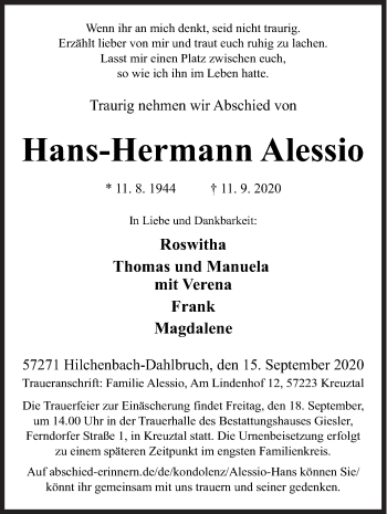 Traueranzeige von Hans-Hermann Alessio von Siegener Zeitung