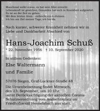Traueranzeige von Hans-Joachim Schuß von Siegener Zeitung