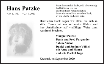 Traueranzeige von Hans Patzke von Siegener Zeitung