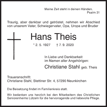Traueranzeige von Hans Theis von Siegener Zeitung