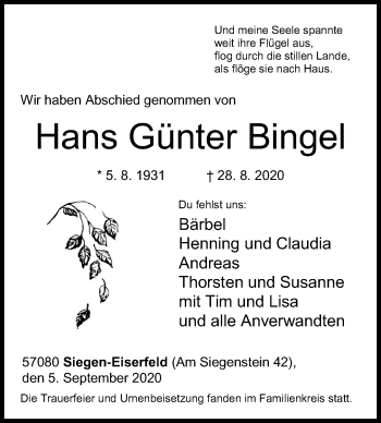Traueranzeige von Hans Günter Bingel von Siegener Zeitung