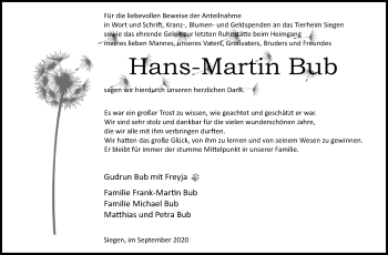 Traueranzeige von Hans Martin Bub von Siegener Zeitung