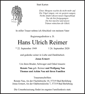 Traueranzeige von Hans Ulrich Reimer von Siegener Zeitung