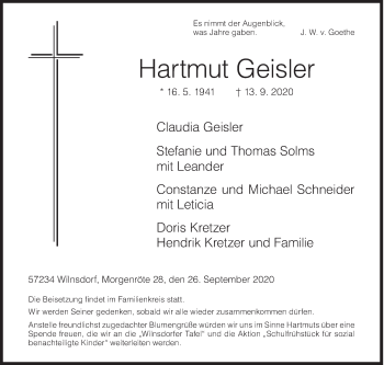 Traueranzeige von Hartmut Geisler von Siegener Zeitung