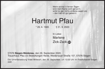 Traueranzeige von Hartmut Pfau von Siegener Zeitung