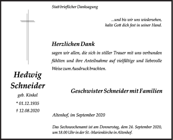 Traueranzeige von Hedqwig Schneider von Siegener Zeitung