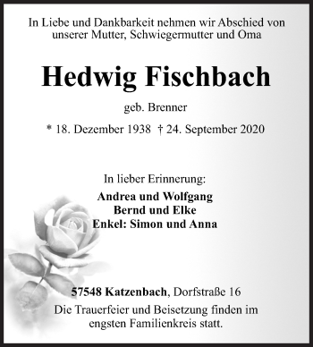 Traueranzeige von Hedwig Fischbach von Siegener Zeitung