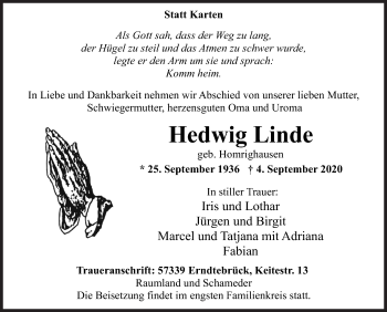 Traueranzeige von Hedwig Linde von Siegener Zeitung