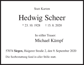 Traueranzeige von Hedwig Scheer von Siegener Zeitung