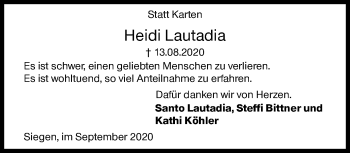 Traueranzeige von Heidi Lautadia von Siegener Zeitung