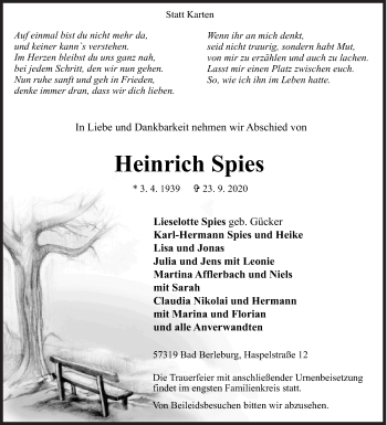 Traueranzeige von Heinrich Spies von Siegener Zeitung