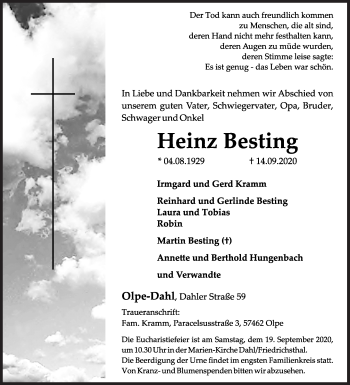 Traueranzeige von Heinz Besting von Siegener Zeitung