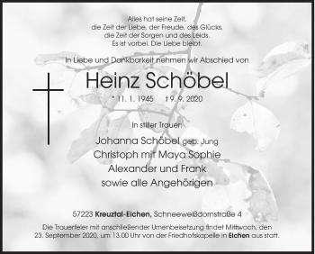 Traueranzeige von Heinz Schöbel von Siegener Zeitung