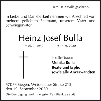 Traueranzeige von Heinz Josef Bulla von Siegener Zeitung