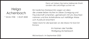 Traueranzeige von Helga Achenbach von Siegener Zeitung