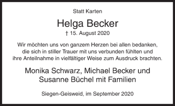 Traueranzeige von Helga Becker von Siegener Zeitung