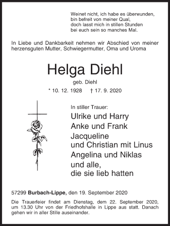 Traueranzeige von Helga Diehl von Siegener Zeitung