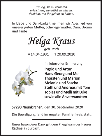 Traueranzeige von Helga Kraus von Siegener Zeitung