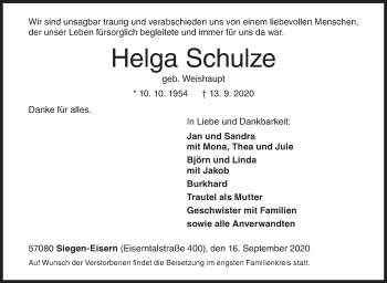 Traueranzeige von Helga Schulze von Siegener Zeitung