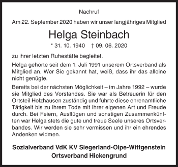 Traueranzeige von Helga Steinbach von Siegener Zeitung