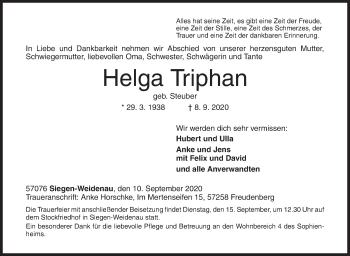 Traueranzeige von Helga Triphan von Siegener Zeitung