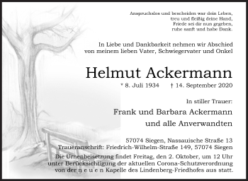 Traueranzeige von Helmut Ackermann von Siegener Zeitung