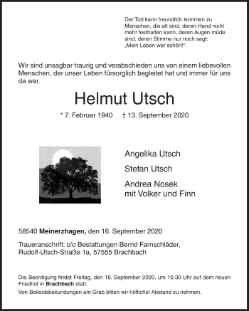 Traueranzeige von Helmut Utsch von Siegener Zeitung