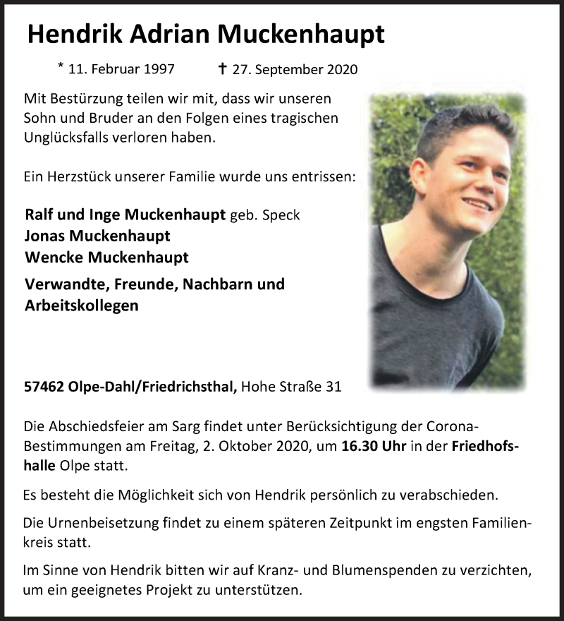  Traueranzeige für Hendrik Adrian Muckenhaupt vom 30.09.2020 aus Siegener Zeitung