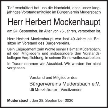 Traueranzeige von Herbert Mockenhaupt von Siegener Zeitung