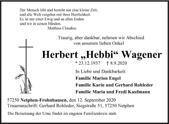Traueranzeige von Herbert  Wagener von Siegener Zeitung