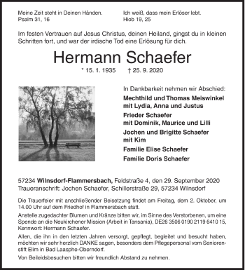 Traueranzeige von Hermann Schaefer von Siegener Zeitung