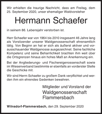 Traueranzeige von Hermann Schaefer von Siegener Zeitung