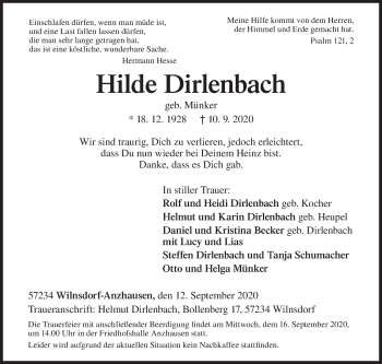Traueranzeige von Hilde Dirlenbach von Siegener Zeitung