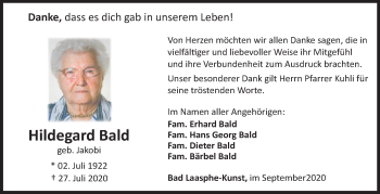 Traueranzeige von Hildegard Bald von Siegener Zeitung