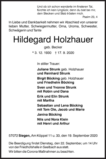 Traueranzeige von Hildegard Holzhauer von Siegener Zeitung