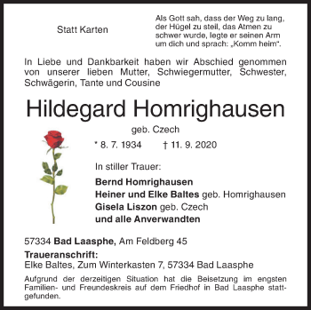 Traueranzeige von Hildegard Homrighausen von Siegener Zeitung