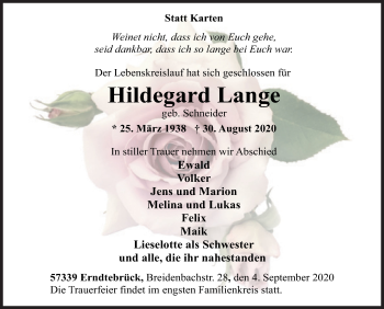 Traueranzeige von Hildegard Lange von Siegener Zeitung