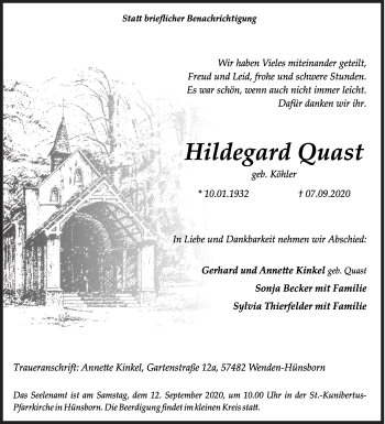 Traueranzeige von Hildegard Quast von Siegener Zeitung