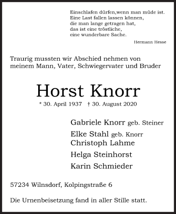 Traueranzeige von Horst Knorr von Siegener Zeitung