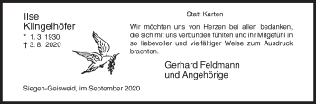 Traueranzeige von Ilse Klingelhöfer von Siegener Zeitung