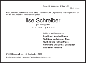 Traueranzeige von Ilse Schreiber von Siegener Zeitung