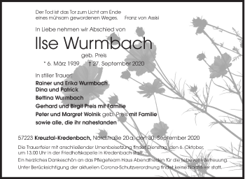 Traueranzeige von Ilse Wurmbach von Siegener Zeitung