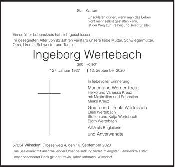 Traueranzeige von Ingeborg Wertebach von Siegener Zeitung