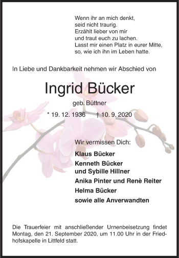 Traueranzeige von Ingrid Bücker von Siegener Zeitung