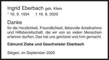 Traueranzeige von Ingrid Eberbach von Siegener Zeitung