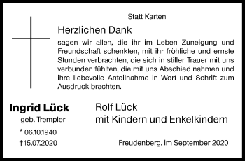 Traueranzeige von Ingrid Lück von Siegener Zeitung