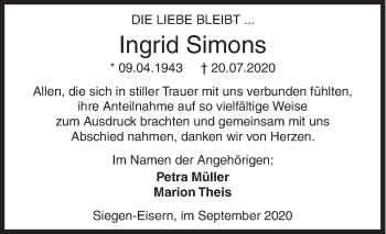 Traueranzeige von Ingrid Simons von Siegener Zeitung